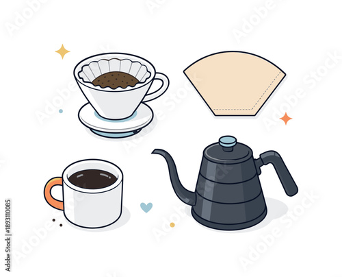 Minimalist Coffee Setup. Pour over coffee flat lay. Top view of a coffee dripper, paper filter, kettle, and cup arranged with plenty of white space. Clean