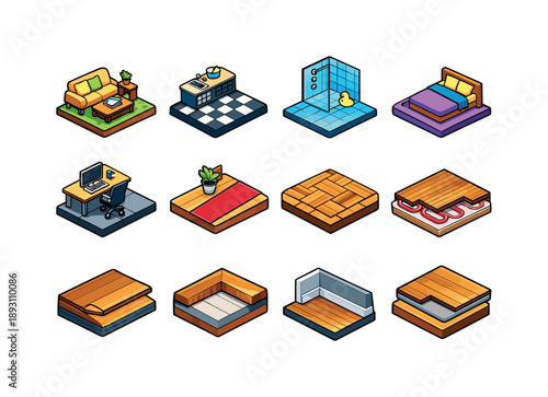 Colorful Flooring Icons. Interior flooring. Colorful isometric vector icons set of interior flooring: living room floor, kitchen tile floor, bathroom floor