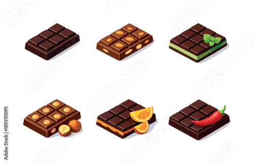 Chocolate Flavor Icons. Chocolate flavors. Isometric flat vector icons set of Chocolate flavors: dark chocolate bar, milk chocolate with almonds,