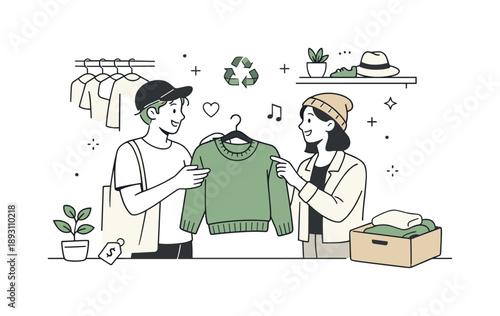Thrift Shop Discovery. Thrift store people. Two friends discussing a found garment in a cozy thrift shop, expressing joy of discovery, sustainability, and