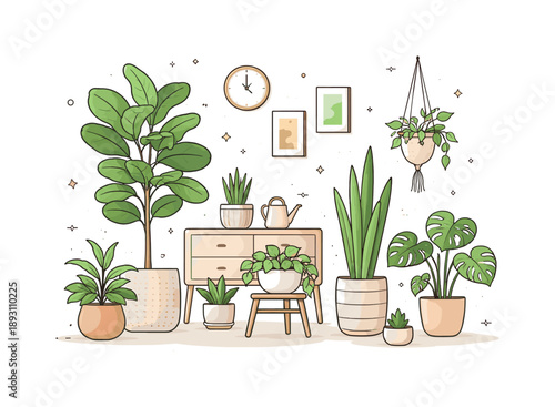 Modern Indoor Plant Decor. Modern indoor plant decor. Tall and small houseplants combined in a tidy arrangement, showing harmony between nature and interior
