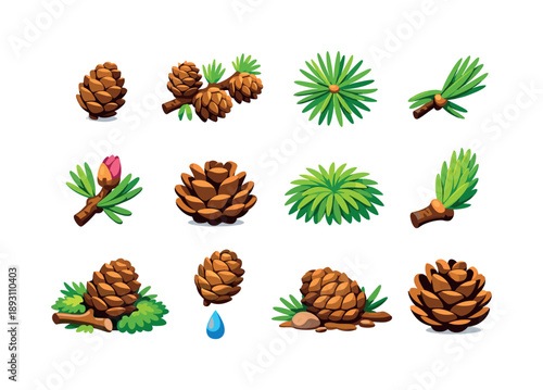 Larch Cones and Needles. Larch cones and needles. Colorful flat vector icons set of larch cones and needles: small larch cone, cluster on twig, needle whorl,