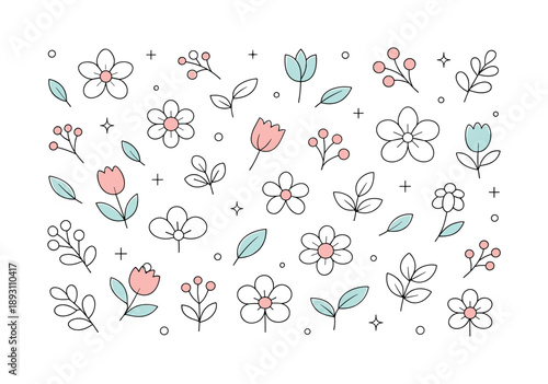 Elegant Floral Pattern. Editorial floral background. Light flowers and leaves floating evenly across the surface, creating a clean and versatile pattern.
