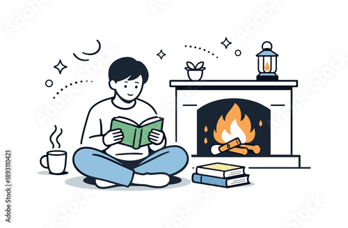 Cozy Fireplace Reading. Reading by the fire. A person sitting cross-legged with a book near a fireplace, gentle shadows and soft glowing light emphasizing calm
