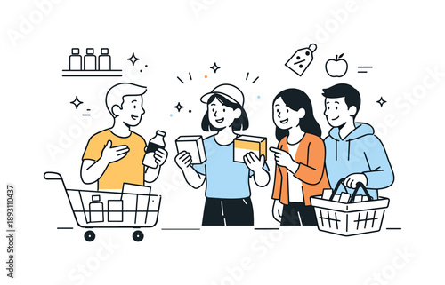 Friendly Shopping Scene. Shopping with friends. Small group comparing products and smiling, casual teamwork while choosing items, shelves and carts simplified