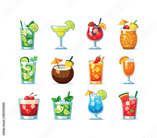 Cocktail Icon Delight. Cocktail Specials. Colorful flat vector icons set of Cocktail Specials: tropical mojito, citrus margarita, berry spritz, pineapple rum