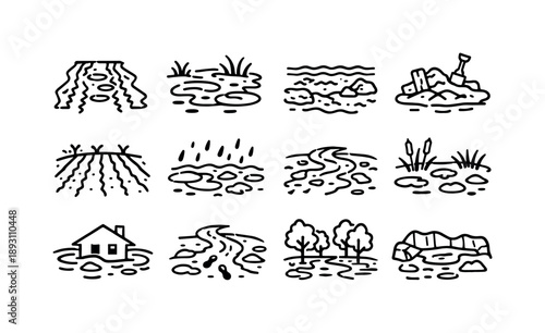 Mud Environment Icons. Mud Environment. Line icon set of Mud Environment: muddy road, swamp mud, riverbank mud, construction mud, farmland soil, rain soaked