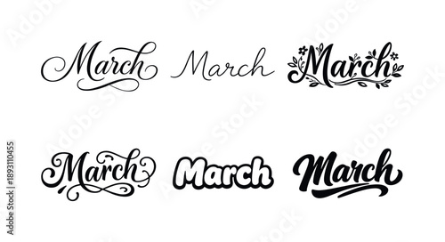 March Lettering Styles. March Aesthetic. Set lettering. harmonious lettering variations of the same emblematic concept, each with different artistic