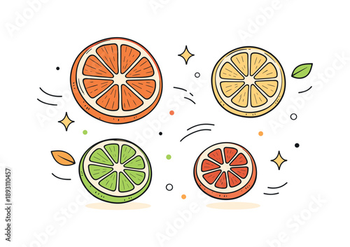 Floating Citrus Slices. Organic citrus slices. Dried fruit slices floating gently in an airy layout. Lightness, warmth, and natural food illustration mood.