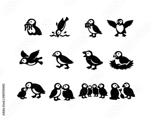 Puffin Activity Icons. Puffin behavior. Solid icon set of Puffin behavior: puffin fishing, puffin diving, puffin carrying fish, puffin landing, puffin takeoff,