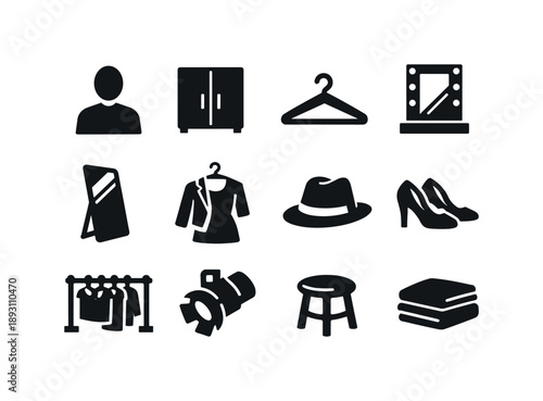 Chic Dressing Room Icons. Stylish Dressing Room. Solid icon set of Stylish Dressing Room: person silhouette, wardrobe, clothing hanger, mirror, full-length