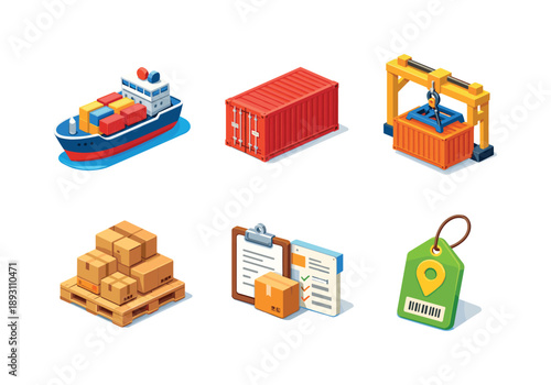 Shipping Vector Icons. Shipping. Isometric flat vector icons set of Shipping: cargo ship, shipping container, crane loader, pallet stack, freight documents,