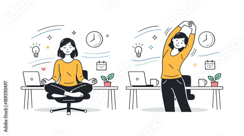 Mindful Office Break. Mindful break at work. Individual pausing to meditate or stretch at a desk, emphasizing mental well-being and balance between