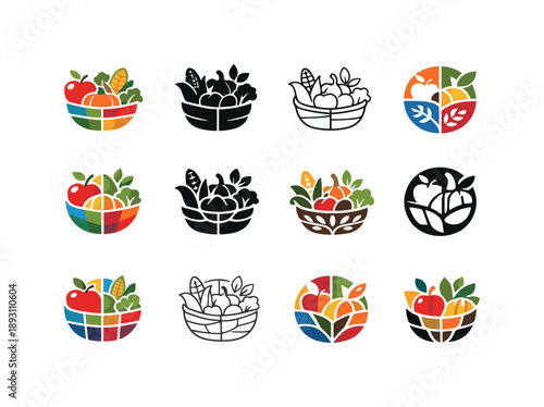 Seasonal Produce Icons. Seasonal fruits and vegetables. Icon set. Set Logo of Seasonal fruits and vegetables: seasonal chart with produce symbols. harmonious