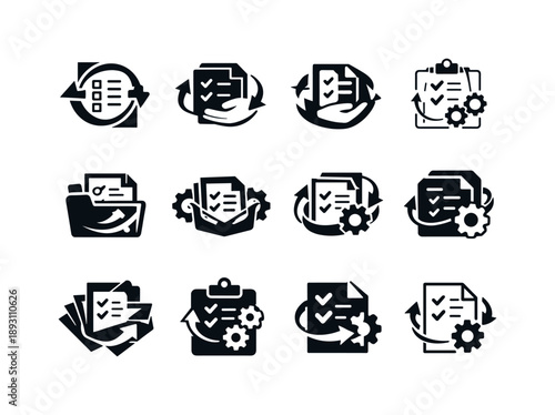 Managing Paperwork Logos. Managing paperwork. Icon set. Set Logo of Managing paperwork: administrative workflow. harmonious logo variations of the same