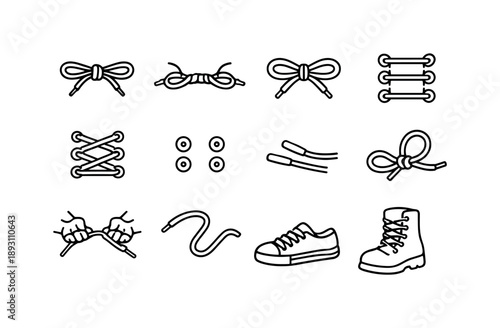 Shoelace Icon Set. Shoe lace. Line icon set of Shoe lace: tied shoelaces, untied shoelaces, bow knot lace, straight lacing, criss cross lacing, shoe eyelets,