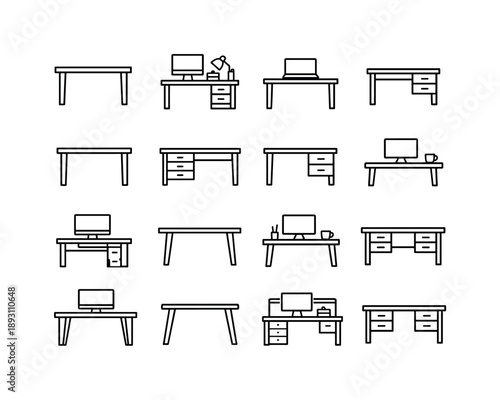Office Desk Icons. Office Table. Line icon set of Office Table: work desk table, office desk setup, table with laptop, writing desk, minimalist office table,