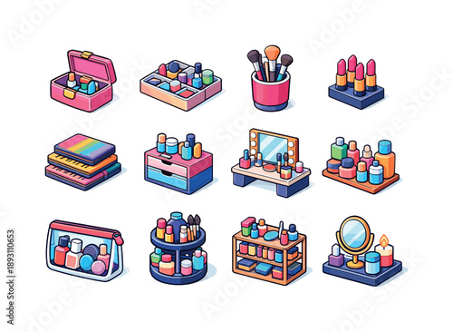Colorful Beauty Organizer Icons. Beauty organizer. Colorful isometric vector icons set of Beauty organizer: cosmetic organizer case, divided compartments,