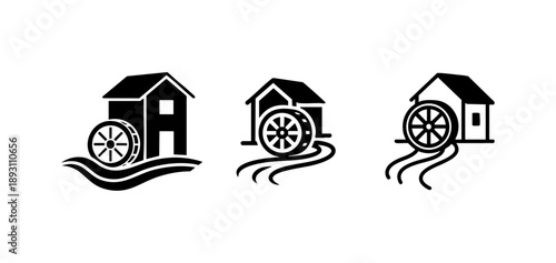 Black and White Waterwheel Mill Stream Design