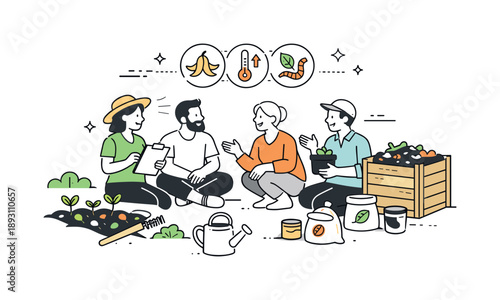 Compost Optimization Collaboration. Advanced composting techniques. A small group discussing compost optimization methods near a garden, calm collaboration and