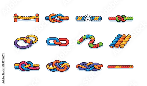 RopeConcepts Isometric Icons. RopeConcepts. Colorful isometric vector icons set of RopeConcepts: tension rope, connection knot, broken rope, tied together