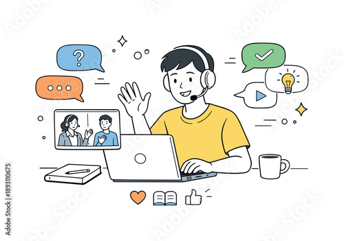 Virtual Learning Interaction. Online learning interaction. Learner participating in a virtual class with chat bubbles and icons. Friendly communication and
