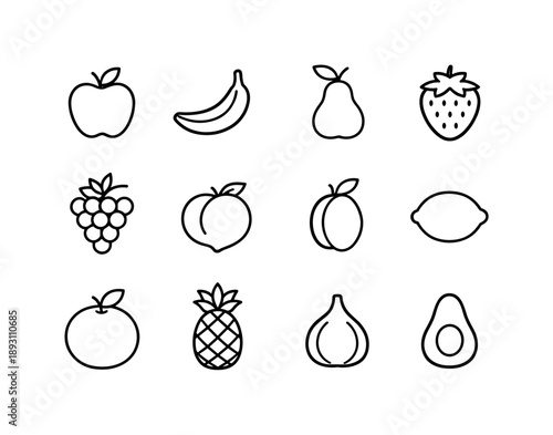 Fruit Silhouette Icons. Fruit silhouettes. Line icon set of Fruit silhouettes: apple, banana, pear, strawberry, grape cluster, peach, plum, lemon, orange,