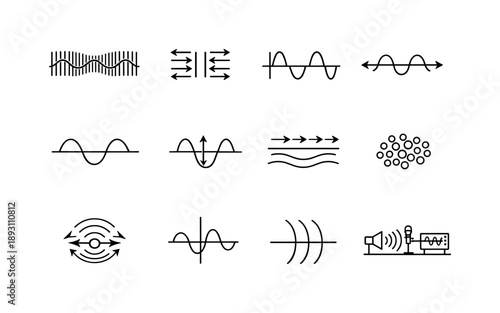 Sound Wave Icon Set. Sound Wave Physics. Line icon set of Sound Wave Physics: longitudinal wave diagram, particle displacement arrows, pressure variation