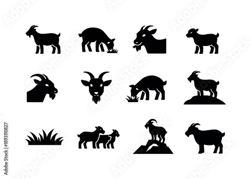 Grazing Goats Icons. Goats grazing. Solid icon set of Goats grazing: standing goat, grazing goat, goat chewing, baby goat, goat with horns, goat head, goat