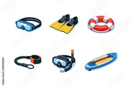 Watersports Icon Grid. Water Sports. Isometric flat vector icons set of Water Sports: swimming goggles, swim fins, lifebuoy, surf leash, diving mask,
