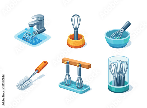 Whisk Care Icons. Whisk Care. Isometric flat vector icons set of Whisk Care: rinsing whisk under water, drying whisk upright, whisk on ceramic holder, whisk