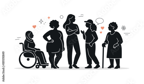 Diverse Female Silhouettes. Diversity of Women Silhouettes. Editorial illustration showing varied female silhouettes side by side, different shapes and poses