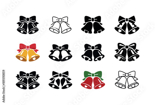 Festive Bells Icon Set. Holiday greeting. Icon set. Set Logo of holiday greeting: festive bells with bow. harmonious logo variations of the same emblematic