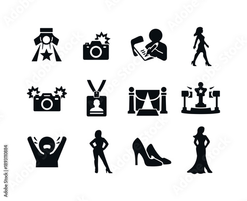 Celebrity Icons Set. Celebrity Moment. Solid icon set of Celebrity Moment: star spotlight, photo click icon, fan autograph, graceful walk, fashion flash, press