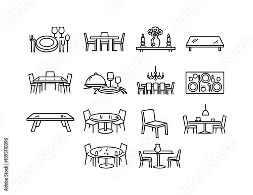 Modern Dining Icons. Glass dining setup. Line icon set of Glass dining setup: glass table setting, table with chairs, table centerpiece, clear surface, modern