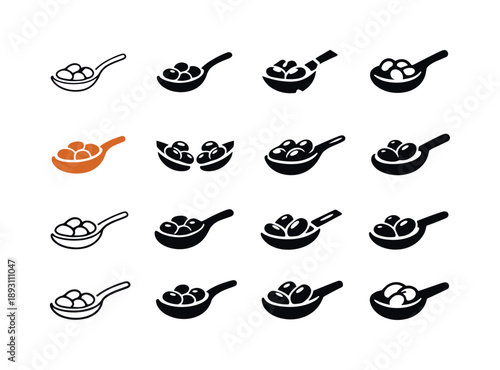 Cooked Beans Icons. cooked beans. Icon set. Set Logo of cooked beans: spoonful of beans. harmonious logo variations of the same emblematic concept, each with