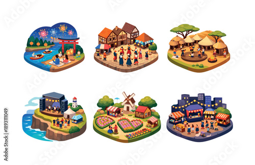 Festival Icon Set. Festival destinations. Isometric flat vector icons set of festival destinations: riverbank fireworks festival, old town folk dance festival,