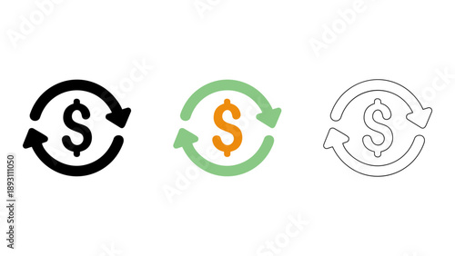 black and white icon of dollar sign in circular arrow, indicating financial renewal and money flow
