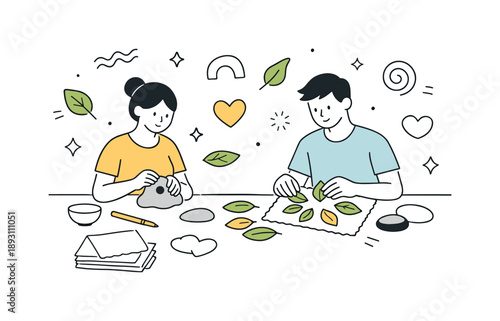 Calm Creative Session. Art therapy with natural materials. A calm creative session using leaves, clay, and recycled paper on a large table, expressing emotions