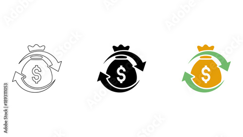 black and white icon of money bag with arrows indicating recurring income or balance update