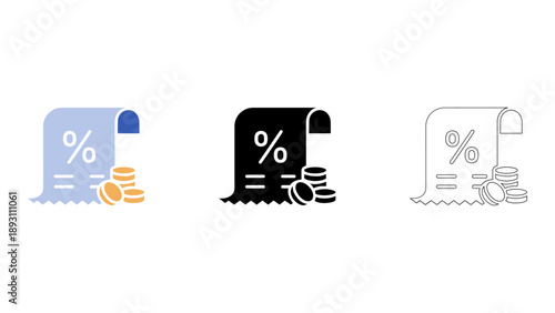 black and white icon of receipt with percentage sign and coins representing savings and discounts