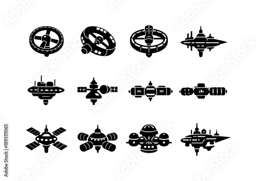 Space Station Icons. Future Space Stations. Solid icon set of Future Space Stations: rotating space station, ring habitat, artificial gravity