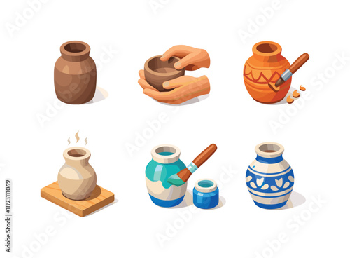 Clay Craft Icons. Clay Craft. Isometric flat vector icons set of Clay Craft: raw clay vase, hand-shaped ceramic form, surface carving details, glazing process