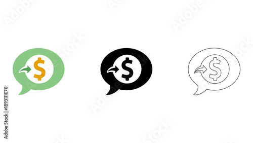 black and white icon of speech bubble with dollar sign and arrow, representing cashback and refund