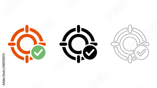 black and white icon of target with checkmark representing goal completion and accuracy