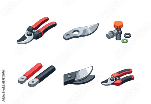 Pruning Tools Icons. Pruning equipment. Isometric flat vector icons set of pruning equipment: professional pruning shears, replaceable blade insert, tension