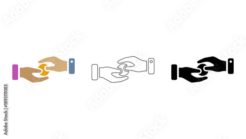 black and white icon of two hands exchanging coin representing exchange or donation
