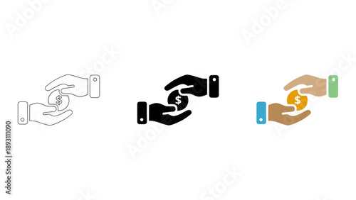 black and white icon of two hands exchanging coin with dollar sign