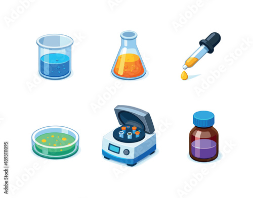 Isometric Lab Icons. Laboratory. Isometric flat vector icons set of laboratory: beaker, conical flask, pipette dropper, petri dish, centrifuge, reagent bottle.