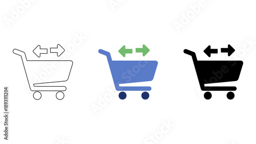 black shopping cart icon with arrows representing online purchase flow and shopping process